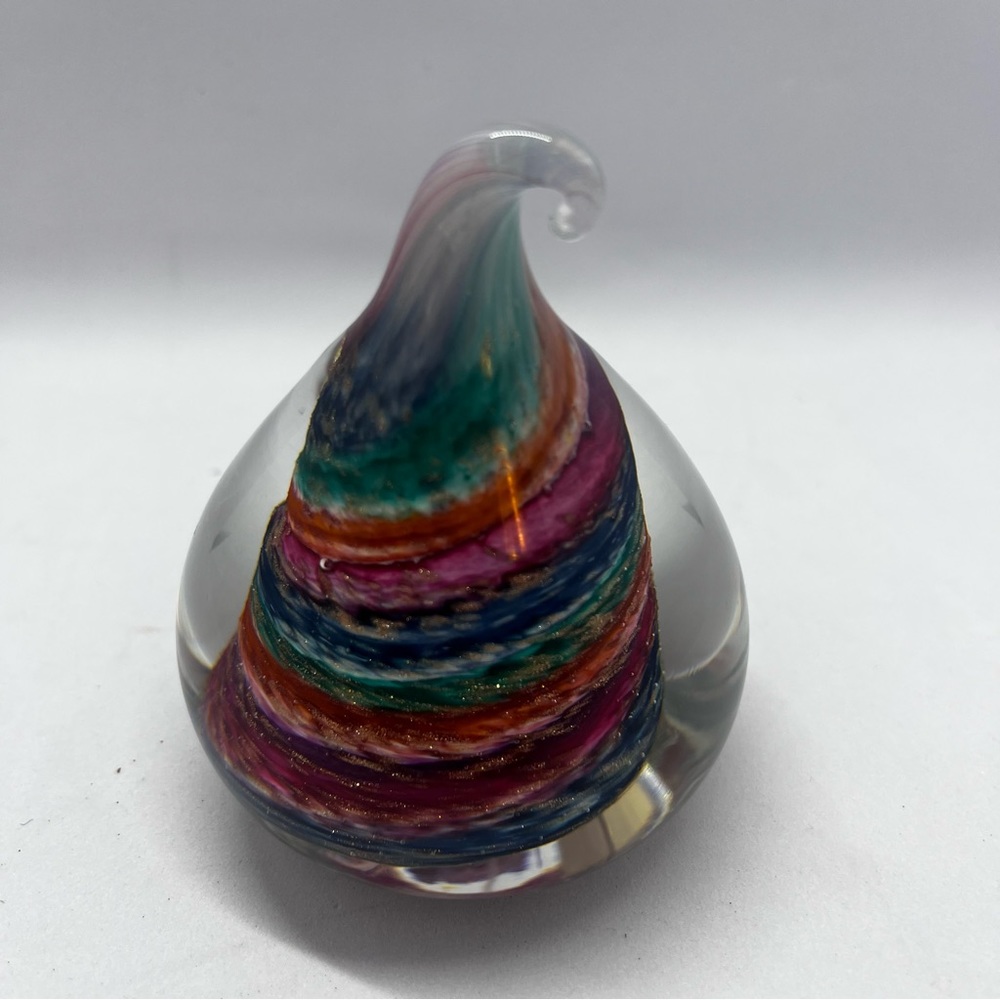 Handblown WV-Glass Dimensions teardrop rainbow swirl paperweight - Picture 4 of 9